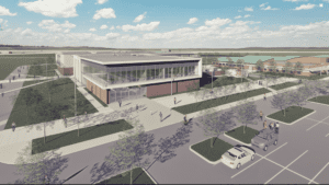 This rendering of the Dallas College Construction Sciences Building highlights innovative design and modern advancements in higher education construction by Joeris.